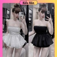 Set Bộ Áo Quây VOAN Viền Cườm Dáng Ngắn Bí Phồng Kèm Quần Đùi Tăm Lạnh - Nữ Women Top