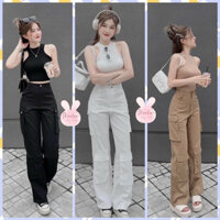 Set bộ áo sát nách croptop bozip và quần kaki ống rộng túi hộp dễ thương cho nàng đi chơi và dạo phố