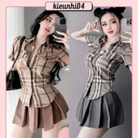 Set Bộ Áo Sơ Mi BBR Nâu Xám Sọc Caro + Váy Cotton Lạnh Xếp Ly - Nữ Women Top