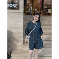 Set bộ áo sơ mi bò cổ tàu tay bồng quần đùi siêu xinh