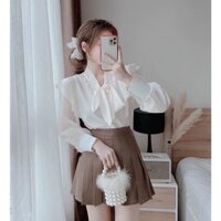 Set bộ áo sơ mi cánh tiên tay dài thắt nơ cổ kèm chân váy xòe