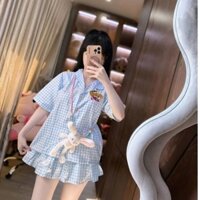 Set Bộ Áo sơ mi caro phối chân váy bèo tiểu thư lưng thun Freesize có lót trong