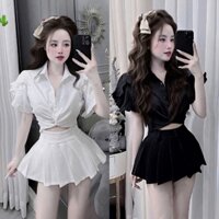Set Bộ Áo Sơ Mi Cổ Bẻ Viền Sọc Croptop Xoắn Tay Ngắn Phồng Bèo + Chân Váy Xếp Ly Có Lót Quần