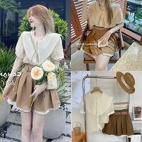 Set Bộ Áo Sơ Mi Cổ Sen Chân Váy Kaki Xòe Viền Bèo 2 Lớp - Áo Nữ Cộc Tay Kèm Váy