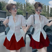 Set Bộ Áo Sơ Mi Cổ Trụ Cột Eo Xẻ Tà + Chân Váy Nhung Đỏ Xếp Ly Có Lót Quần