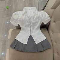 Sét bộ áo sơ mi dây kéo , phối chân váy xếp ly to ngắn xòe cực xinh , chất kate mềm mịn