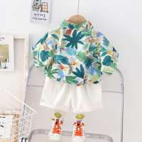 Set bộ áo sơ mi đi biển họa tiết rừng cây mùa hè cho bé trai
