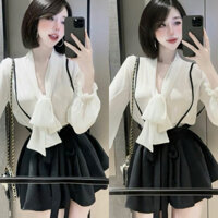 Set Bộ Áo Sơ Mi Lụa Thái Bèo Thắt Nơ Tay Dài + Quần Yếm Đùi Lưng Chun Chất Cotton Lạnh