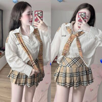 Set Bộ Áo Sơ Mi Rộng Búp Be Rỳ Tay Dài Kèm Khăn + Chân Váy Caro BBR Xếp Ly Có Lót Quần