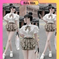 Set Bộ Áo Sơ Mi Tay Bèo Xoắn Eo Croptop + Chân Váy Caro Nâu Tầng Xoè Có Lót Quần - Nữ Women Top