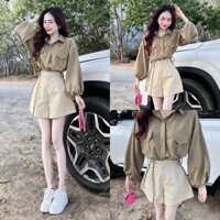 Set Bộ Áo Sơ Mi Tay Dài Phối Quần Ống Rộng Công Sở Nâu Be Dạo Phố BY7144