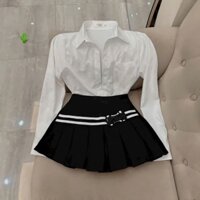 Sét bộ áo sơ mi tay dài trơn , phối chân váy ngắn xòe  2 vòng màu và may nơ cực xinh