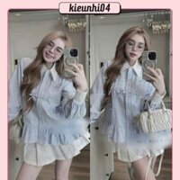 Set Bộ Áo Sơ Mi Tay Dài Babydoll Sọc Xanh Dương Đính Nơ Nổi + Quần Short Đùi Lưng Cao - Nữ Women Top