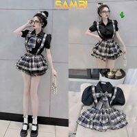 Set Bộ Áo Sơ Mi Tay Ngắn Phồng Nơ Sọc Caro Xanh Trắng + Yếm Caro Xanh Trắng Xoè Tầng Có Lót Quần