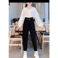 Sét Bộ Áo Sơ Mi Trắng, Tay Dàu Nhún Bèo Phối Quần Âu Đính Nút Hoạ Tiết