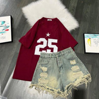 Set bộ áo số thêu 25 chất coton khô 3158 mix quần đùi jeans 4 khuy mẫu mới hack dáng xinh xắn 2025