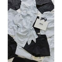 Set bộ áo somi tay ngắn dât thắt eo chất lennin sọc kèm quần đùi kaki đen kiểu dáng năng động nữ tính