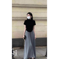 Sét bộ áo tay con vạt bầu phối chân váy dài xòe xinh xinh , chất lụa mềm mát