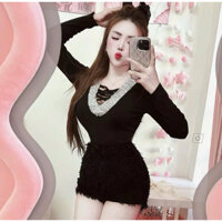 Sét Bộ Áo Tay Dài Cổ Chữ U Đính Kim Tuyến Kết Hợp Chân Váy Giá Lông Thời Trang