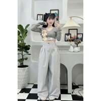 Sét bộ áo tay dài croptop cài nút đính gấu , phối quần dài ống rộng sọc cực hot