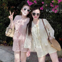 Set bộ áo tay dài hoa cực xinh áo babydoll kèm quần short ren hoa phong cách dễ thương cho nữ đi chơi đi biển