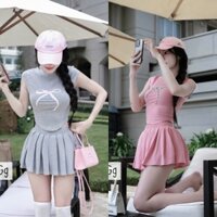 Set Bộ Áo Tay Hến Hình In Nơ Ngực Phối Vạt Eo Lượn Ôm Body Mix Chân Váy Xếp Ly Cạp Chun Dáng Xoè