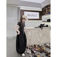 Set Bộ Áo Thun Baby Tee Ôm Mix Chân Váy Dáng Dài Kaki Jean Lưng Chun Dáng Phồng