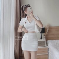 SÉT BỘ ÁO THUN BORIP CROPTOP TAY NGẮN CỔ BẺ IN HÌNH GÂU + CHÂN VÁY CÓ LÓT QUẦN FSDX91