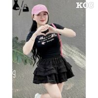 set bộ áo thun chữ hồng đính nơ phối váy xốp len bèo vảy xinh