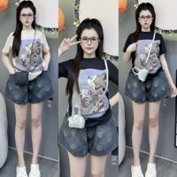 SÉT BỘ ÁO THUN COTTON IN HÌNH (Micky) phối quần đùi jean nữ Fom Vừa (mk đính đá)