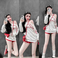 Set Bộ Áo Thun Da Cá Trắng Tay Dài Lệch Vai Chữ Đỏ + Quần Short Đùi Đỏ Lưng Cao