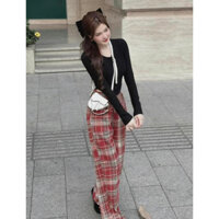 set bộ áo thun đen tay dài lèm quần sọc hottrend caro - Cực Xinh