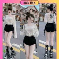 Set Bộ Áo Thun Dẻo Thụng Tay Dài Đan Lưng Thêu Chữ + Quần Rút 2 Bên Tăm