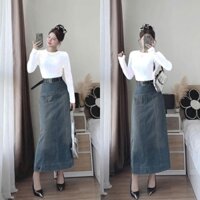 Sét bộ áo thun gân tay dài cổ tròn chân váy jean quảng châu kèm dây đai lưng hàng cao cấp