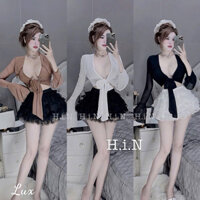 Set Bộ Áo Thun Nhũ Cột Ngực Croptop + Chân Váy Ren Tầng Xoè Có Lót Quần