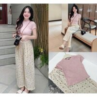 Set Bộ Áo Thun Nữ Ngắn Tay Kèm Quần Đũi Suông Họa Tiết Thiết Kế Nhún Viền Tiểu Thư Xinh Xắn S378