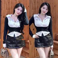 Set Bộ Áo Thun Phối Sơ Mi Thêu Chữ Tay Dài + Chân Váy Da Dáng A Có Lót Quần