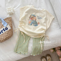 Set Bộ Áo Thun Sát Nách Rút Dây Cún Con Quần Loe Caro Bé Gái 1-8 Tuổi MINTSCLOSET Quảng Châu GA2327