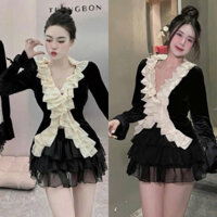 Set Bộ Áo Thun Tăm Bèo Tay Dài Loe + Chân Váy Tơ Tầng Có Lót Quần