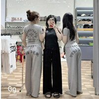 Sét bộ áo thun tay ngắn in vòng tròn chữ thái , phối quần ống rộng cực hot