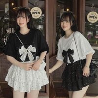 Set Bộ Áo Thun Thụng Tăm Tay Ngắn In Nơ Chấm Bi + Chân Váy Chấm Bi Tầng Xoè Có Lót Quần