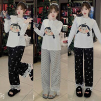 SET Bộ Áo Thun Thụng Tay Dài In Cô Bé + Quần Ống XUÔNG Rộng TĂM Chấm Bi Nơ