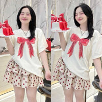 SET Bộ Áo Thun Thụng Tay Ngắn In NƠ Đỏ + Chân Váy Tầng Xoè CHẤM BI Có Lót Quần