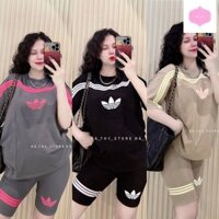 Sét Bộ . Áo Thun Thụng Tay Ngắn Viền Sọc Ngang Ngực Adidast + Quần Ngố Ôm