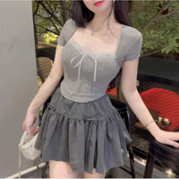 Set Bộ Áo Thun Vạt Bầu Lượn Phối Ren Kèm Chân Váy Xoè Đính Nơ Có Lót Trong - Set Áo Váy Nữ Cách Điệu