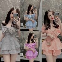 Sét Bộ Áo Trễ Vai Đính Nơ Kèm Quần Short Đùi Sọc Caro Sét Bộ Đi Chơi Nữ Bigsize Quỳnh Anh Từ 50kg Đến 100kg M/L/XL/XXL