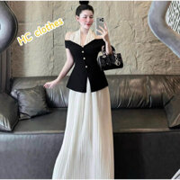 Set bộ áo trễ vai kèm chân váy tơ óng xoè chuẩn hàng thiết kế [L1.A] HC clothes
