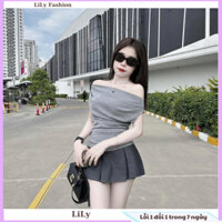 Set bộ áo trễ vai phối kèm chân váy xếp ly trơn thời trang duyên dáng