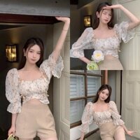 Set bộ áo voan hoa tay lỡ khoá kéo rời đính nơ và quần đùi cotton lạnh xinh xắn T34