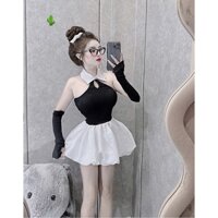 Sét bộ áo yếm cổ bẻ màu , phối chân váy bí kèm tay rời cực hot , chất thun tăm phối kate mềm mịn